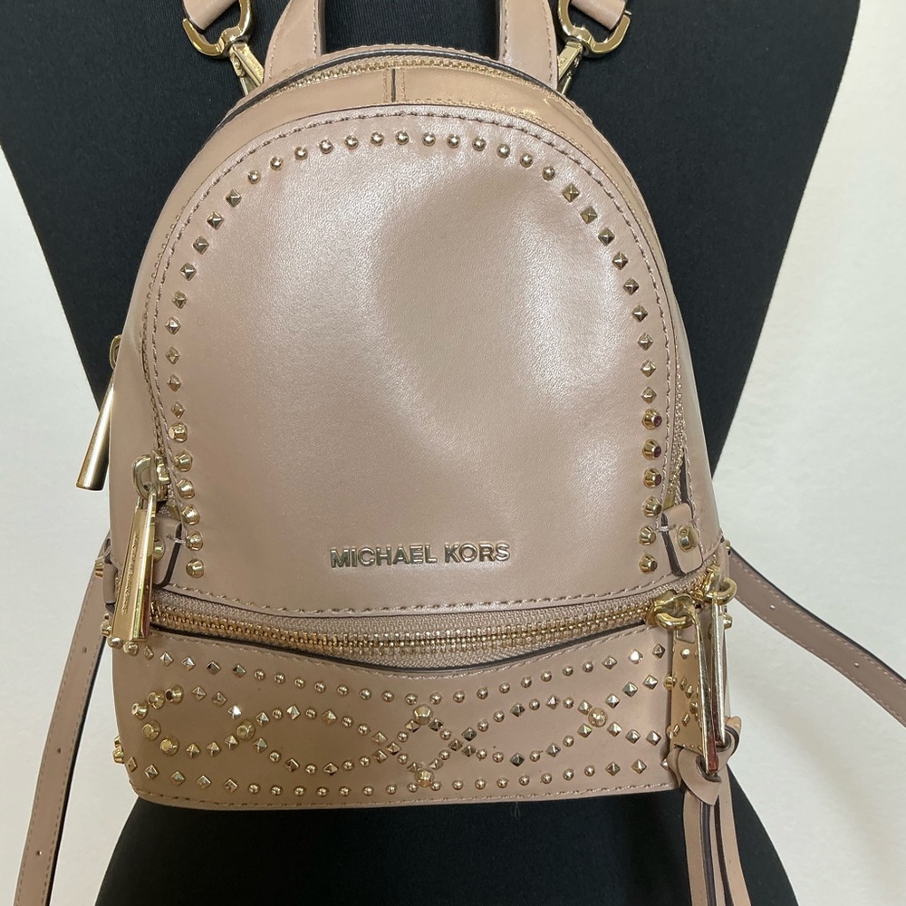 Michael Kors Rhea Studded Leather Mini Backpack in Taupe - Picture 5 of 16